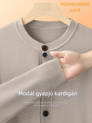 Férfi gyapjú-modál kardigán pulóver, kötött felső, hosszú ujjú, kerek nyakú, lazább szabás, bordázott szegély