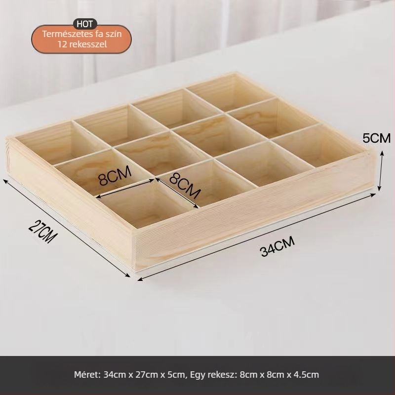 Fából készült, többrácsos tároló doboz négyszögletes rekeszekkel, asztali használatra, 18 literes kapacitás, testreszabható, autóba szerelhető