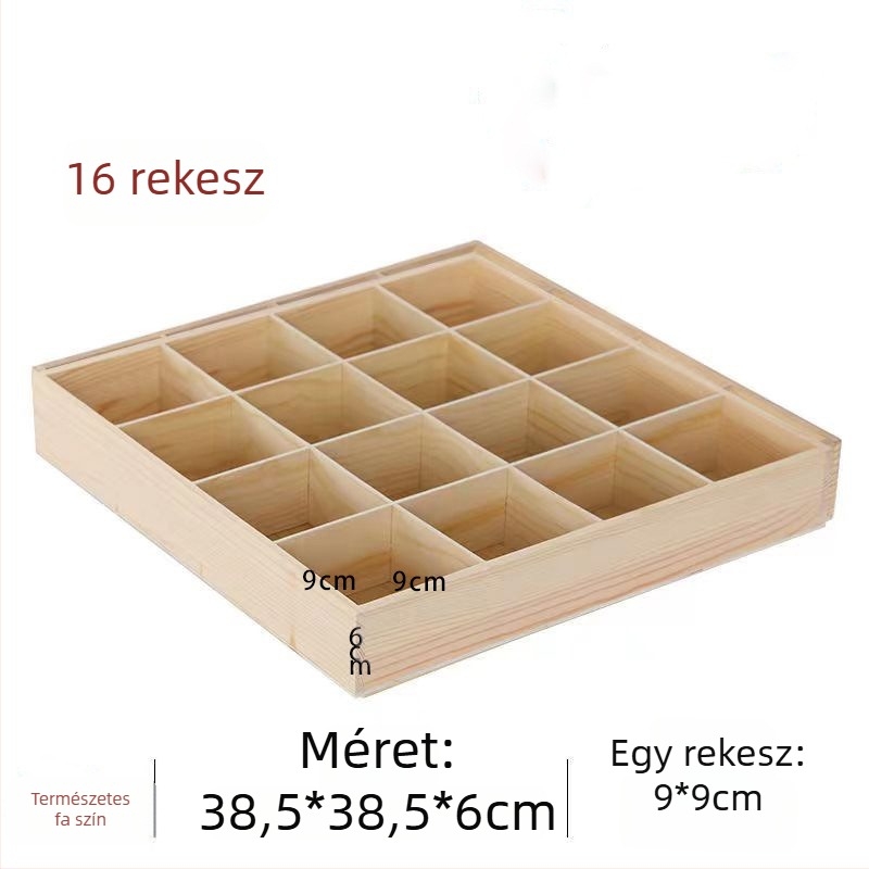 Fából készült, többrácsos tároló doboz négyszögletes rekeszekkel, asztali használatra, 18 literes kapacitás, testreszabható, autóba szerelhető