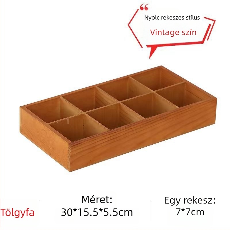 Fából készült, többrácsos tároló doboz négyszögletes rekeszekkel, asztali használatra, 18 literes kapacitás, testreszabható, autóba szerelhető