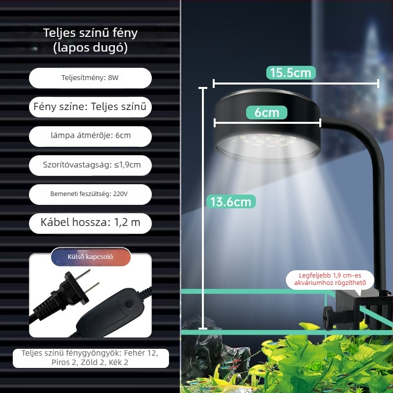 LED USB akváriumi csipeszes lámpa — asztali használatra, ABS + vaskanyar kivitel, 8W LED világítás