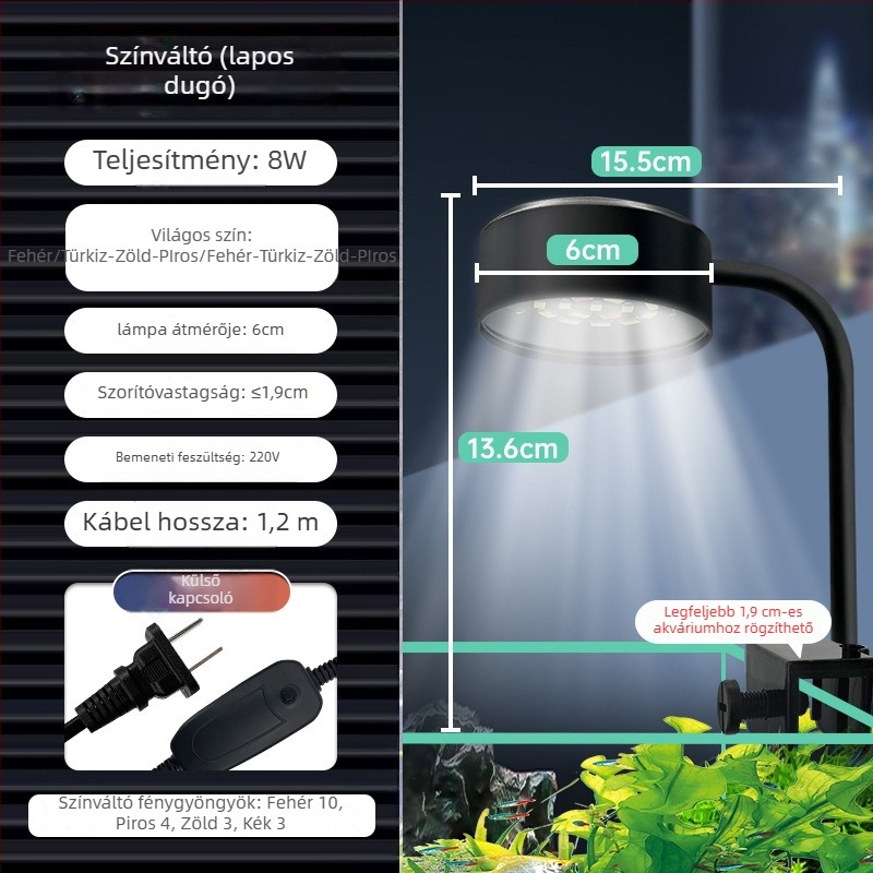 LED USB akváriumi csipeszes lámpa — asztali használatra, ABS + vaskanyar kivitel, 8W LED világítás