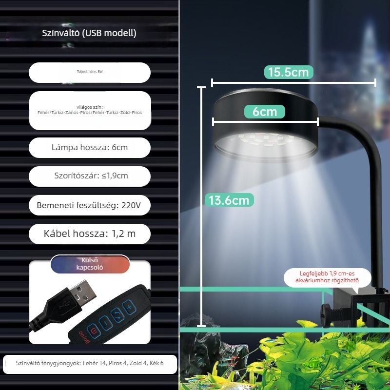 LED USB akváriumi csipeszes lámpa — asztali használatra, ABS + vaskanyar kivitel, 8W LED világítás