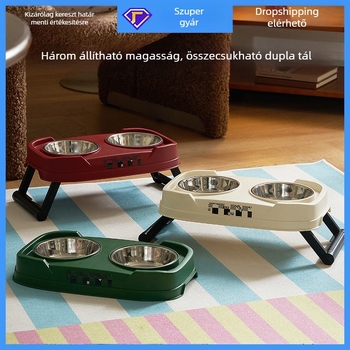 Összecsukható, magasan álló kettős etetőtál macskáknak, három magassági szinttel — rozsdamentes acél + PP