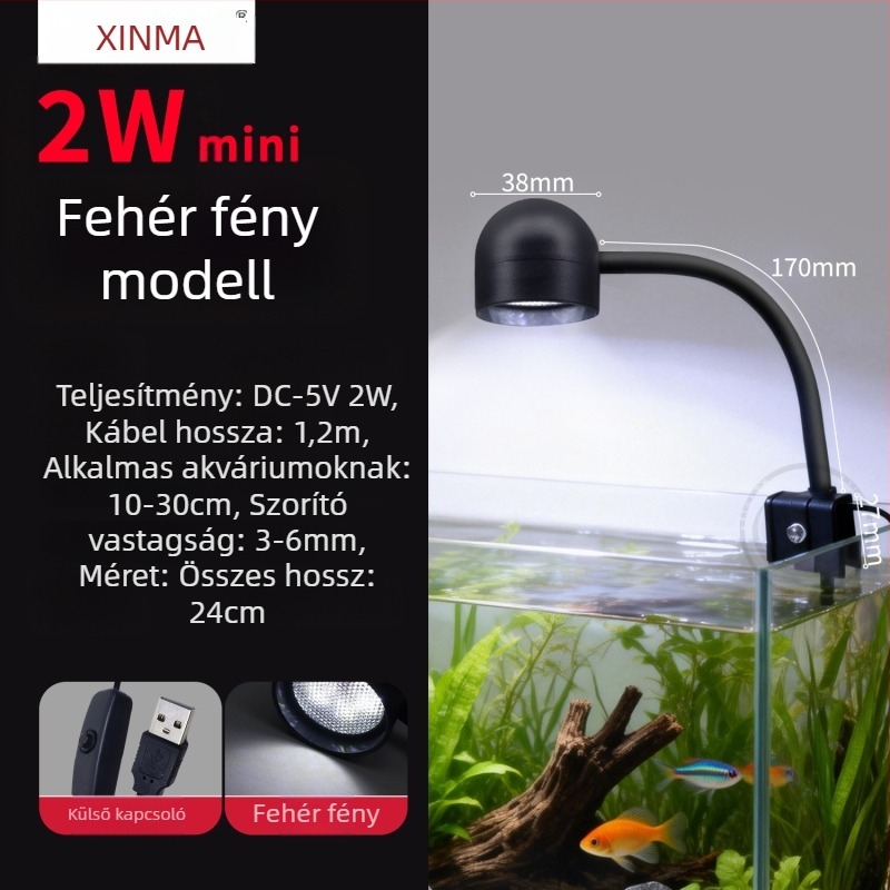 USB klipszes akváriumi lámpa, teljes spektrumú (2W, PVC, Xinma)