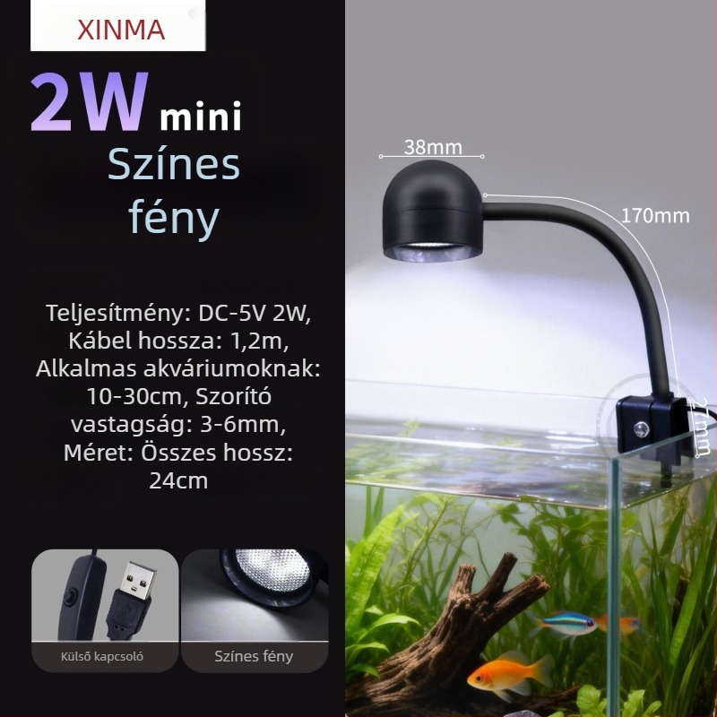 USB klipszes akváriumi lámpa, teljes spektrumú (2W, PVC, Xinma)