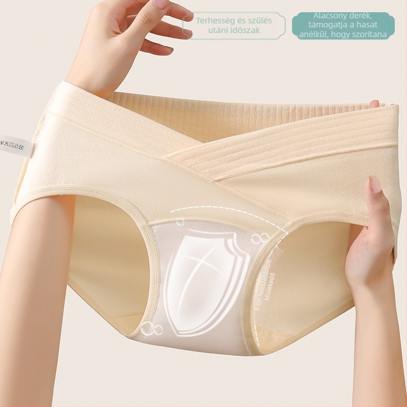 Pamut kismama bugyi alacsony derékkal, hosszú ágyékrész és szabályozható hasi támasz a középső–késői terhességhez