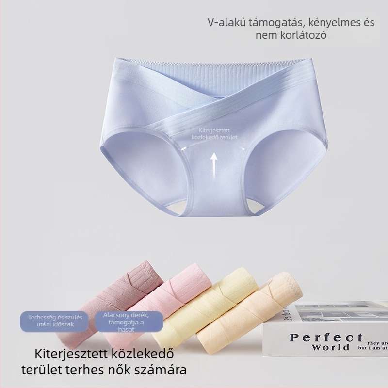 Pamut kismama bugyi alacsony derékkal, hosszú ágyékrész és szabályozható hasi támasz a középső–késői terhességhez
