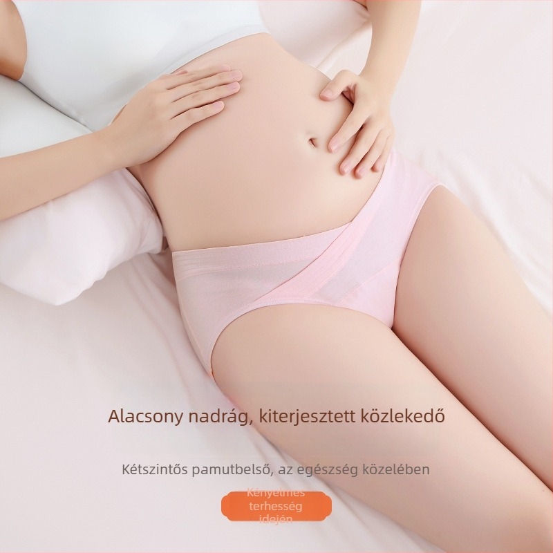 Pamut kismama bugyi alacsony derékkal, hosszú ágyékrész és szabályozható hasi támasz a középső–késői terhességhez