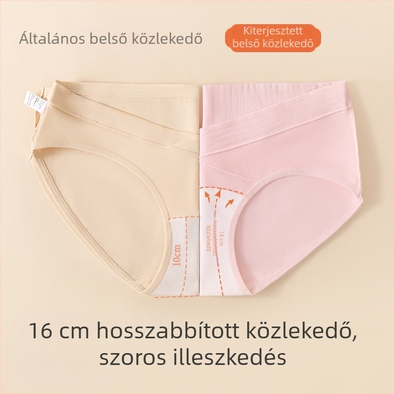 Pamut kismama bugyi alacsony derékkal, hosszú ágyékrész és szabályozható hasi támasz a középső–késői terhességhez