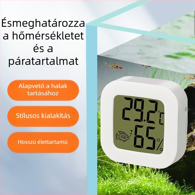 Akváriumi hőmérő, vízálló, nagy pontosságú, kettős digitális kijelző, falra szerelhető, külső szenzor a hőmérséklethez és a páratartalomhoz