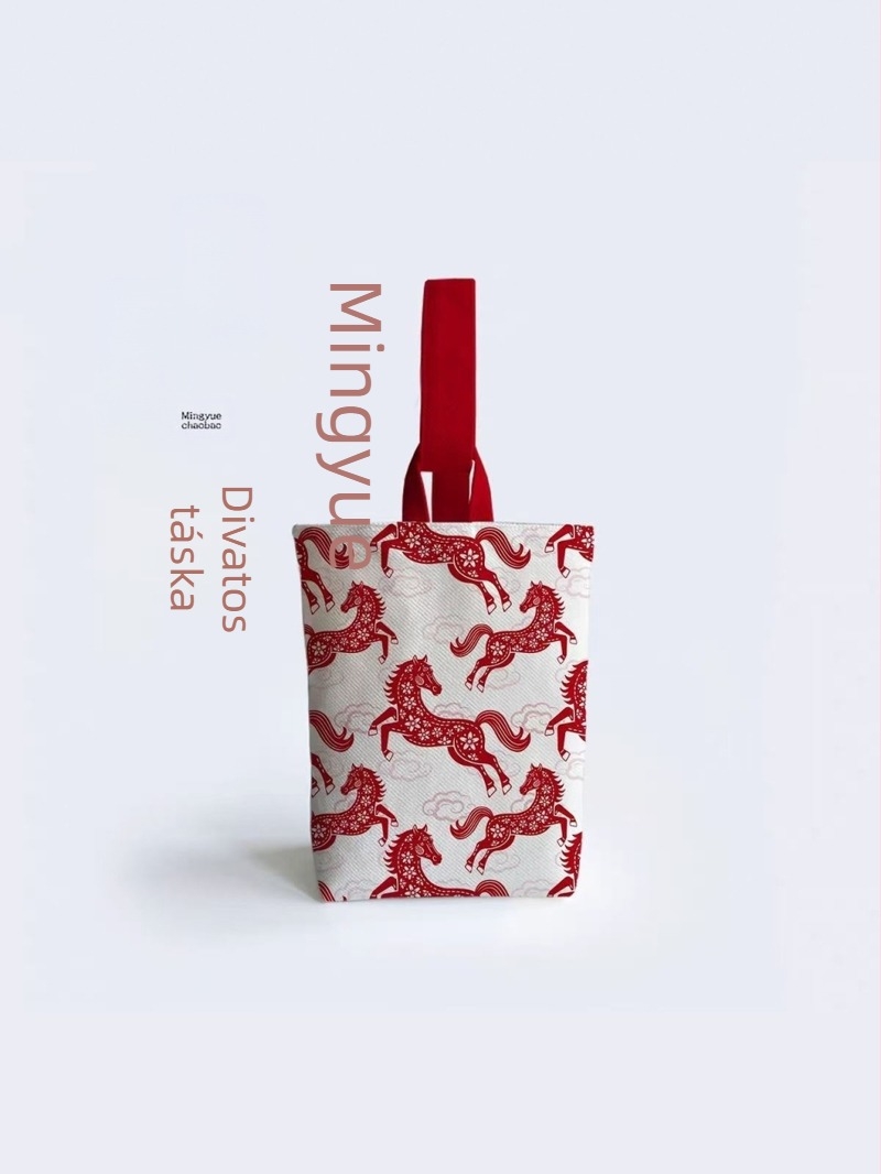 Kézitáska kapuval (fedéllel), nemzeti trend stílus, külső poliészter-pamut anyag, belső vászon bélés, horizontális téglalap alakú forma, iratok zsebe