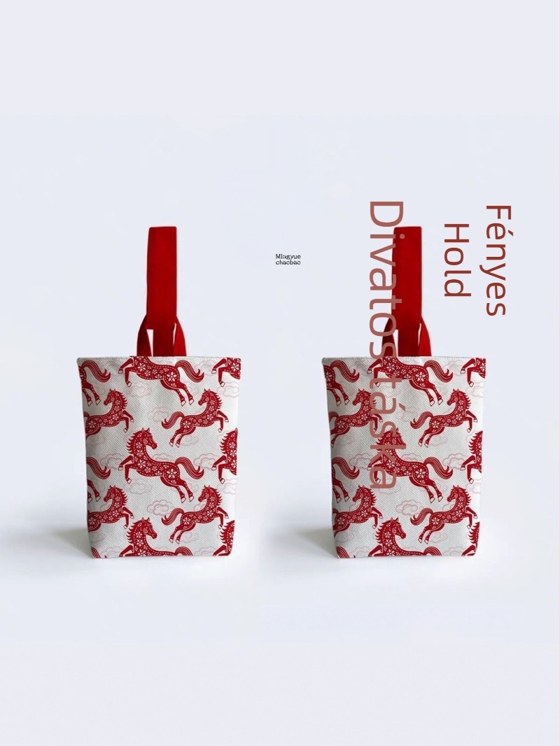 Kézitáska kapuval (fedéllel), nemzeti trend stílus, külső poliészter-pamut anyag, belső vászon bélés, horizontális téglalap alakú forma, iratok zsebe