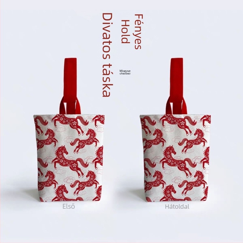 Kézitáska kapuval (fedéllel), nemzeti trend stílus, külső poliészter-pamut anyag, belső vászon bélés, horizontális téglalap alakú forma, iratok zsebe