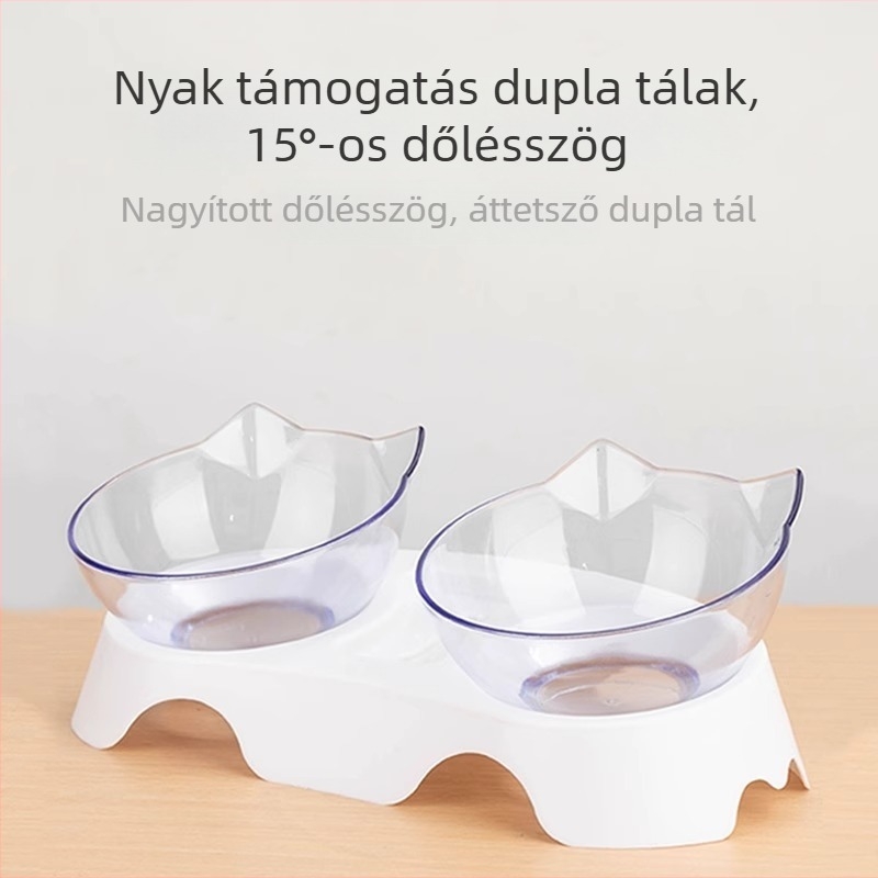 Macska számára kettős víz- és étetőtál, csepegés elleni védelem és nyakvédő dizájnnal – integrált automata etető készlet (KUCHI)