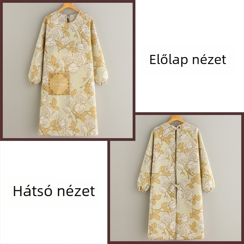 Hosszú ujjú kötény, bambusz-pamut anyag, szennyeződés elleni, koreai stílusú, virágos mintázat