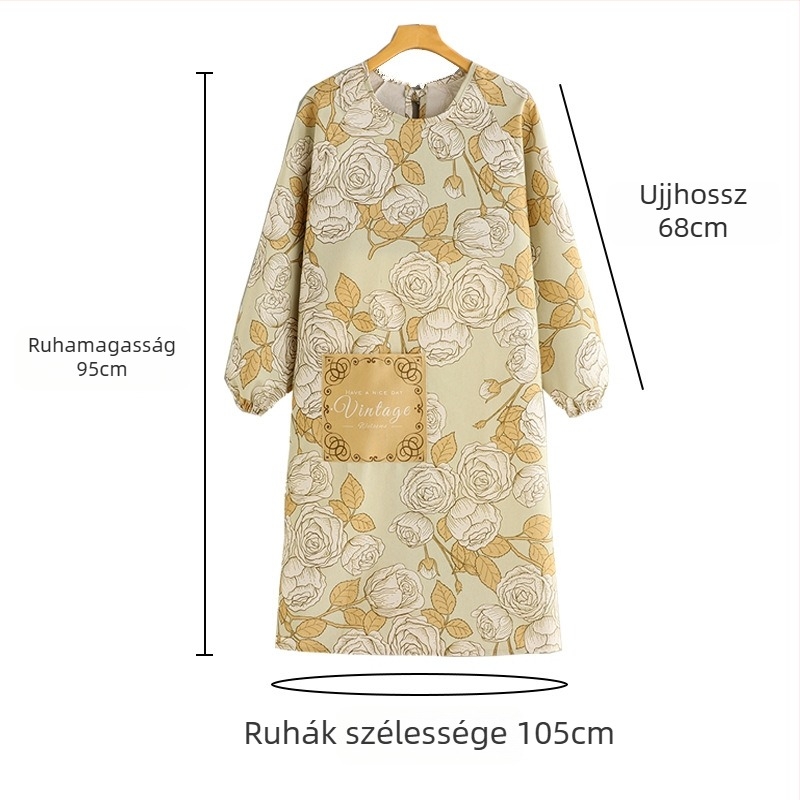 Hosszú ujjú kötény, bambusz-pamut anyag, szennyeződés elleni, koreai stílusú, virágos mintázat