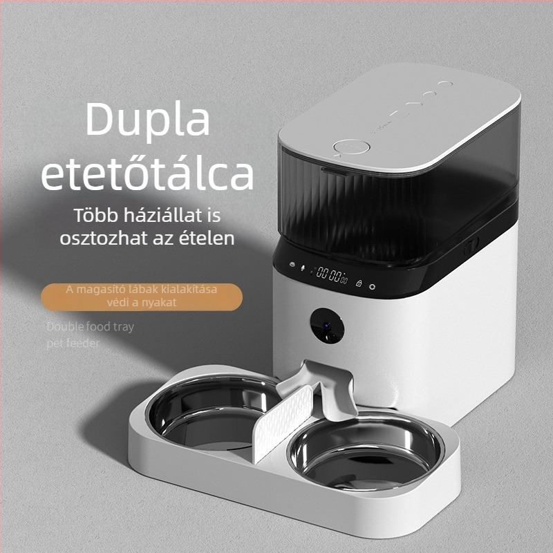 Intelligens etető háziállatok számára érintőpanellel, kamerával és rozsdamentes acél dupla tálcával macskáknak és kutyáknak
