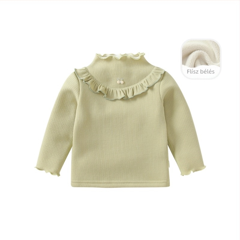 Gyerekeknek fleece-béléssel ellátott hosszú ujjú kötött felső, téli koreai stílus, kapucni nélküli, magas gallér, 95% poliészter, 1–8 éveseknek