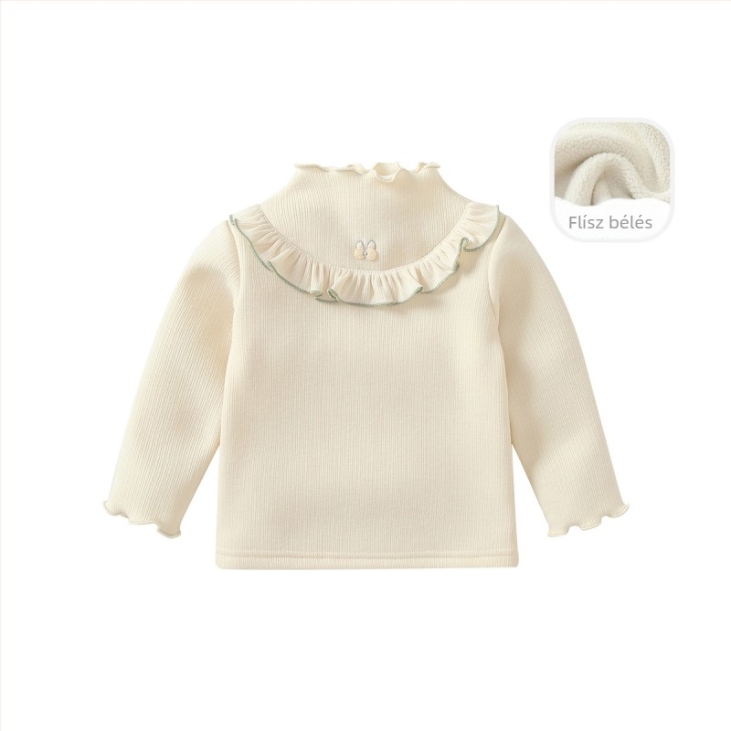 Gyerekeknek fleece-béléssel ellátott hosszú ujjú kötött felső, téli koreai stílus, kapucni nélküli, magas gallér, 95% poliészter, 1–8 éveseknek