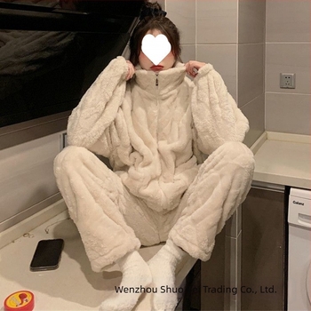 Női pamut pizsama készlet, vastag fleece belsővel, korall velúr, téli két darabos