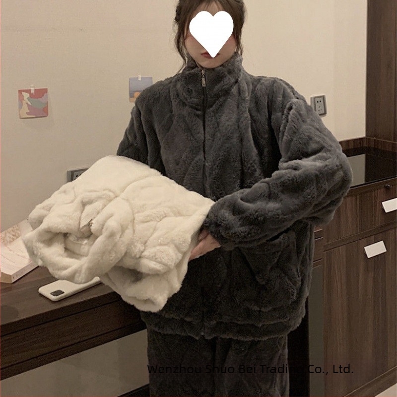 Női pamut pizsama készlet, vastag fleece belsővel, korall velúr, téli két darabos
