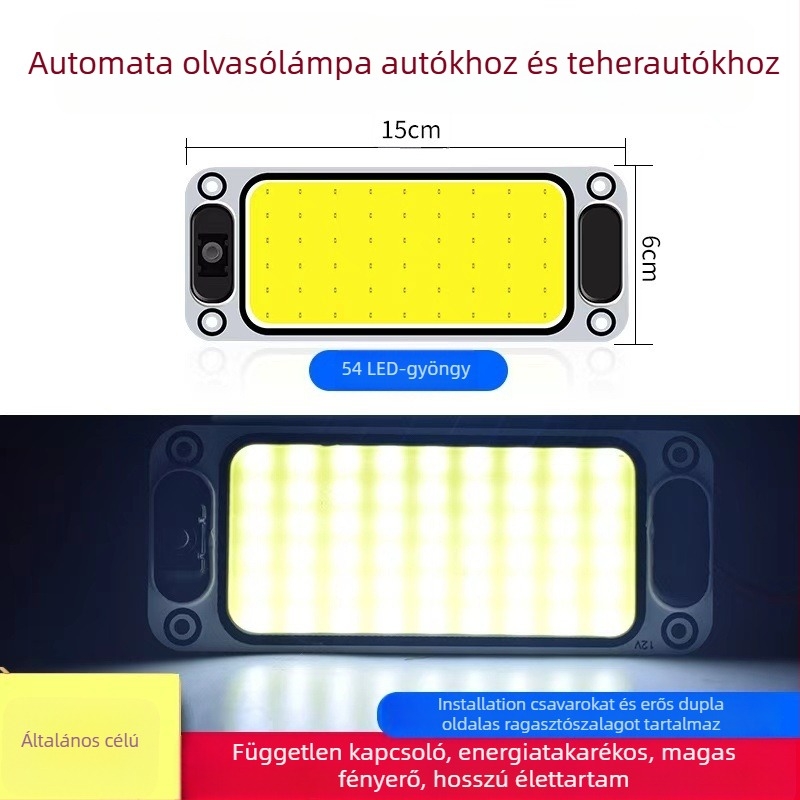 Autó belső COB LED olvasólámpa, 15W, 12–60V, alumíniumlemez, fehér fény