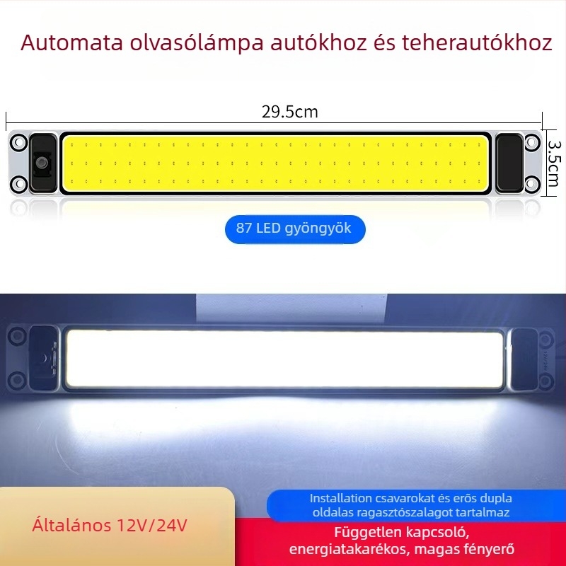 Autó belső COB LED olvasólámpa, 15W, 12–60V, alumíniumlemez, fehér fény