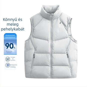 Férfi magas galléros pehely mellény, japán stílusú munkaruha, vast és meleg (pehely tartalom 91–95%; töltet 100–150 g; anyag: 100% poliészter; bélés: fehér kacsa pehely; stílus: japán munkaruha)