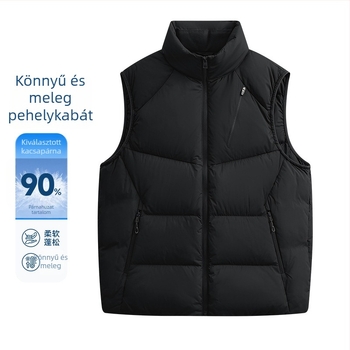 Férfi magas galléros pehely mellény, japán stílusú munkaruha, vast és meleg (pehely tartalom 91–95%; töltet 100–150 g; anyag: 100% poliészter; bélés: fehér kacsa pehely; stílus: japán munkaruha)