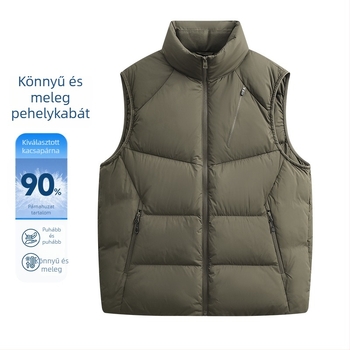 Férfi magas galléros pehely mellény, japán stílusú munkaruha, vast és meleg (pehely tartalom 91–95%; töltet 100–150 g; anyag: 100% poliészter; bélés: fehér kacsa pehely; stílus: japán munkaruha)