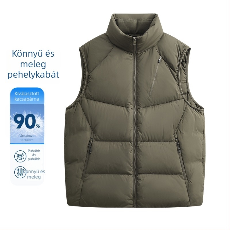 Férfi magas galléros pehely mellény, japán stílusú munkaruha, vast és meleg (pehely tartalom 91–95%; töltet 100–150 g; anyag: 100% poliészter; bélés: fehér kacsa pehely; stílus: japán munkaruha)