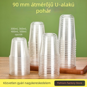 Egyszer használható U-alakú műanyag pohár, 301–400 ml, magas átlátszóságú PET, tej-tea, hideg italok, joghurt és jeges kávé számára.
