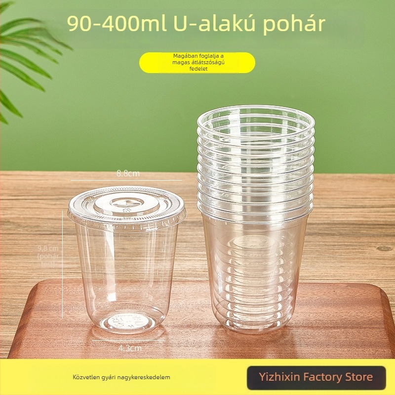 Egyszer használható U-alakú műanyag pohár, 301–400 ml, magas átlátszóságú PET, tej-tea, hideg italok, joghurt és jeges kávé számára.