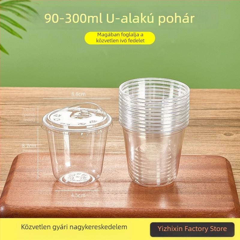 Egyszer használható U-alakú műanyag pohár, 301–400 ml, magas átlátszóságú PET, tej-tea, hideg italok, joghurt és jeges kávé számára.