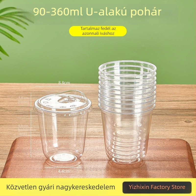 Egyszer használható U-alakú műanyag pohár, 301–400 ml, magas átlátszóságú PET, tej-tea, hideg italok, joghurt és jeges kávé számára.