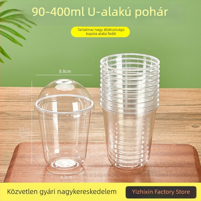 Egyszer használható U-alakú műanyag pohár, 301–400 ml, magas átlátszóságú PET, tej-tea, hideg italok, joghurt és jeges kávé számára.