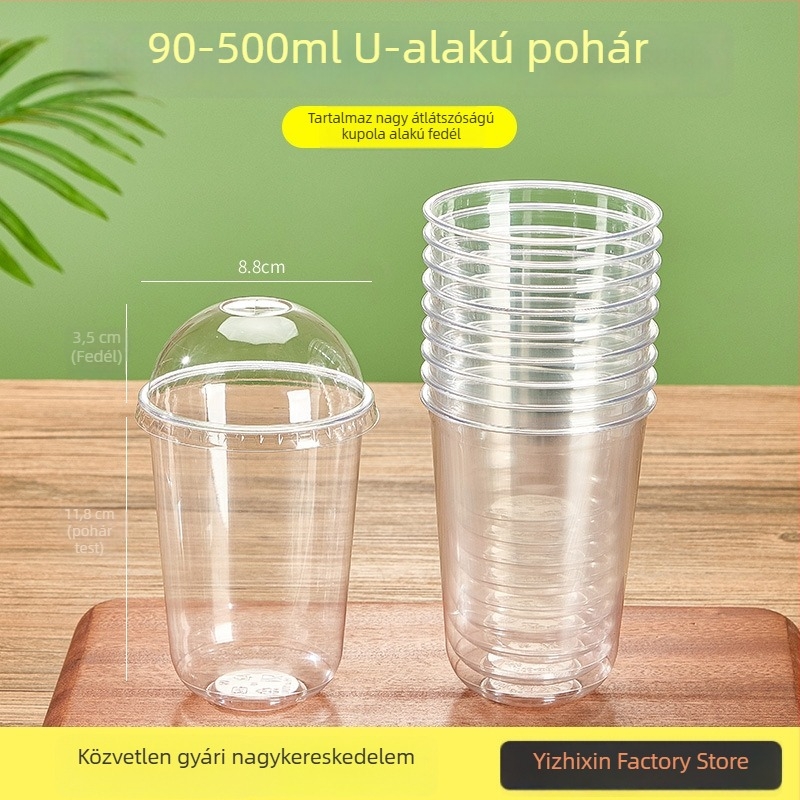 Egyszer használható U-alakú műanyag pohár, 301–400 ml, magas átlátszóságú PET, tej-tea, hideg italok, joghurt és jeges kávé számára.