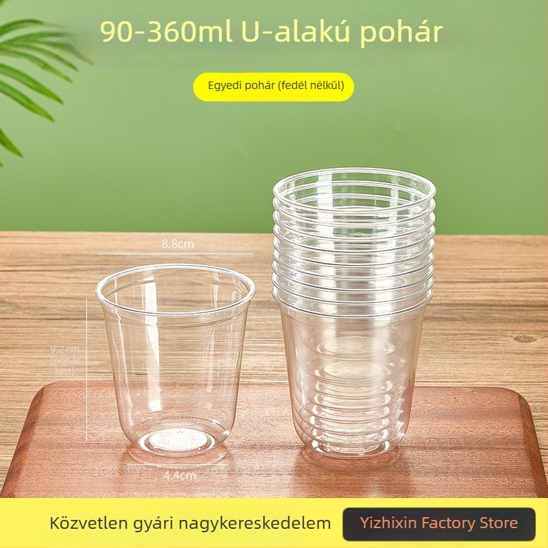 Egyszer használható U-alakú műanyag pohár, 301–400 ml, magas átlátszóságú PET, tej-tea, hideg italok, joghurt és jeges kávé számára.
