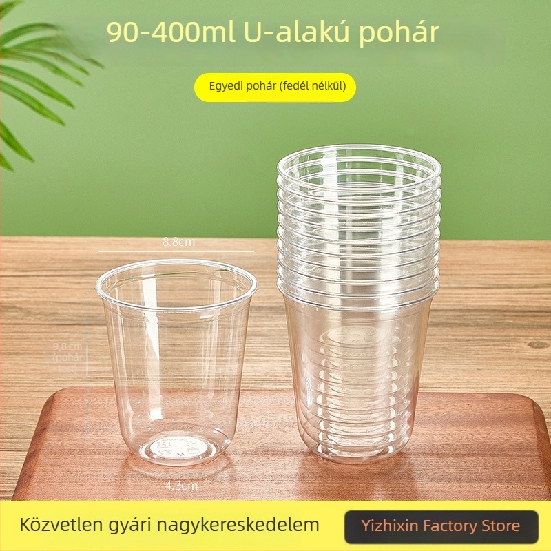 Egyszer használható U-alakú műanyag pohár, 301–400 ml, magas átlátszóságú PET, tej-tea, hideg italok, joghurt és jeges kávé számára.