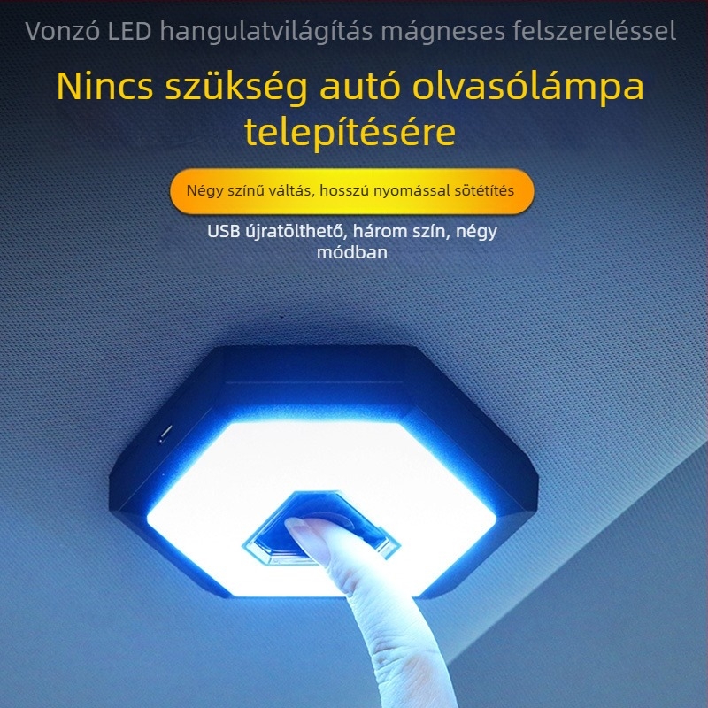 Autó belső LED olvasólámpa, USB-s újratölthető, háromszínű, négy mód, 10W, 5V