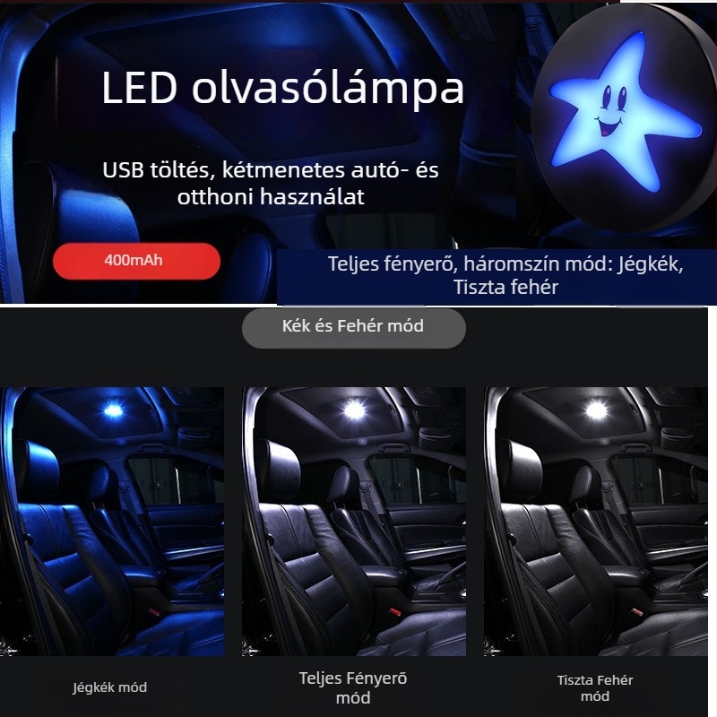 Autó belső LED olvasólámpa, USB-s újratölthető, háromszínű, négy mód, 10W, 5V