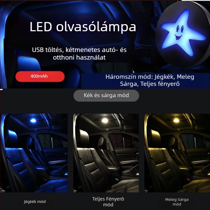 Autó belső LED olvasólámpa, USB-s újratölthető, háromszínű, négy mód, 10W, 5V