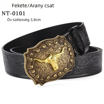 PU bőrből készült öv nagy ökörfej alakú csattal – ötvözet csattal, sima zárás, szélesség 2–4 cm, antik electroplattált felület és relief