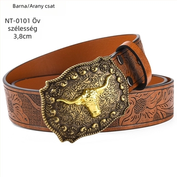 PU bőrből készült öv nagy ökörfej alakú csattal – ötvözet csattal, sima zárás, szélesség 2–4 cm, antik electroplattált felület és relief