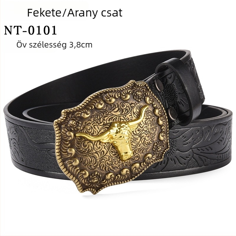 PU bőrből készült öv nagy ökörfej alakú csattal – ötvözet csattal, sima zárás, szélesség 2–4 cm, antik electroplattált felület és relief