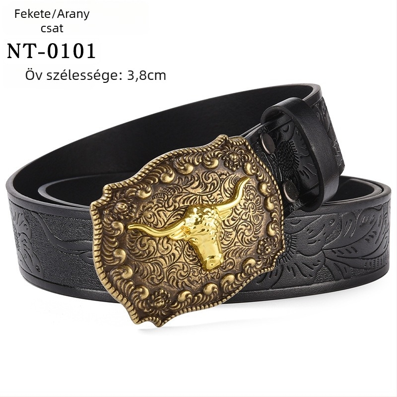 PU bőrből készült öv nagy ökörfej alakú csattal – ötvözet csattal, sima zárás, szélesség 2–4 cm, antik electroplattált felület és relief