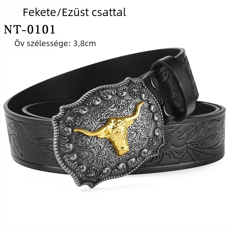 PU bőrből készült öv nagy ökörfej alakú csattal – ötvözet csattal, sima zárás, szélesség 2–4 cm, antik electroplattált felület és relief