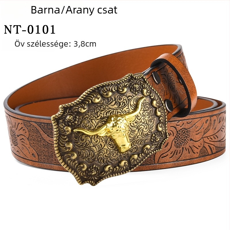 PU bőrből készült öv nagy ökörfej alakú csattal – ötvözet csattal, sima zárás, szélesség 2–4 cm, antik electroplattált felület és relief