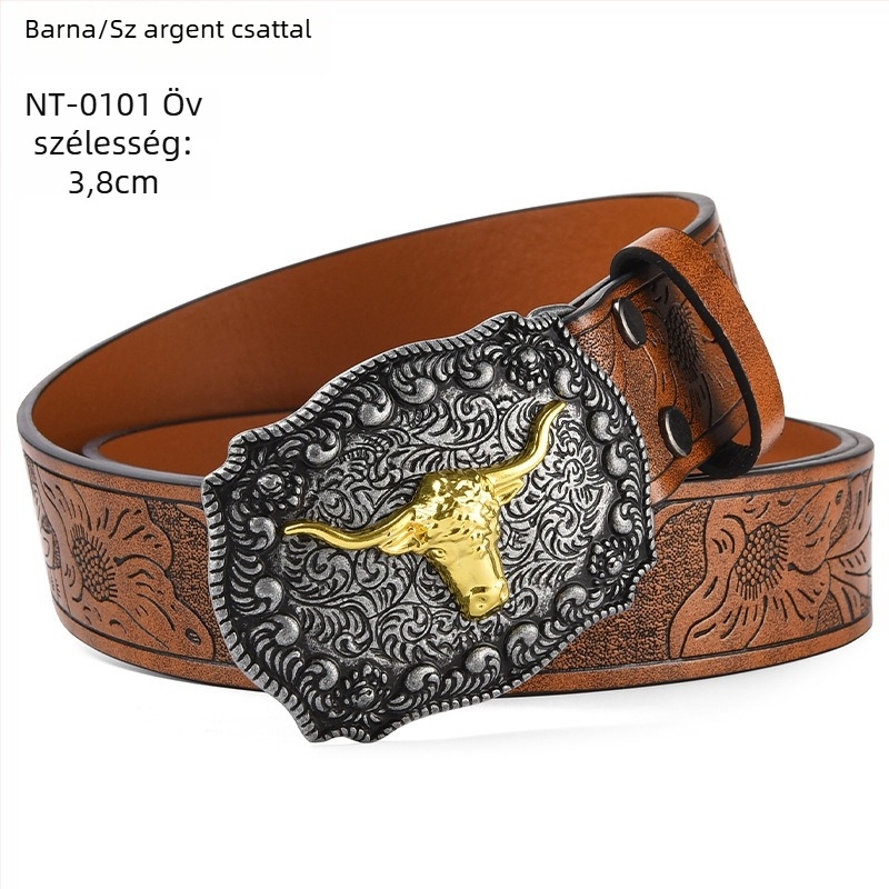 PU bőrből készült öv nagy ökörfej alakú csattal – ötvözet csattal, sima zárás, szélesség 2–4 cm, antik electroplattált felület és relief